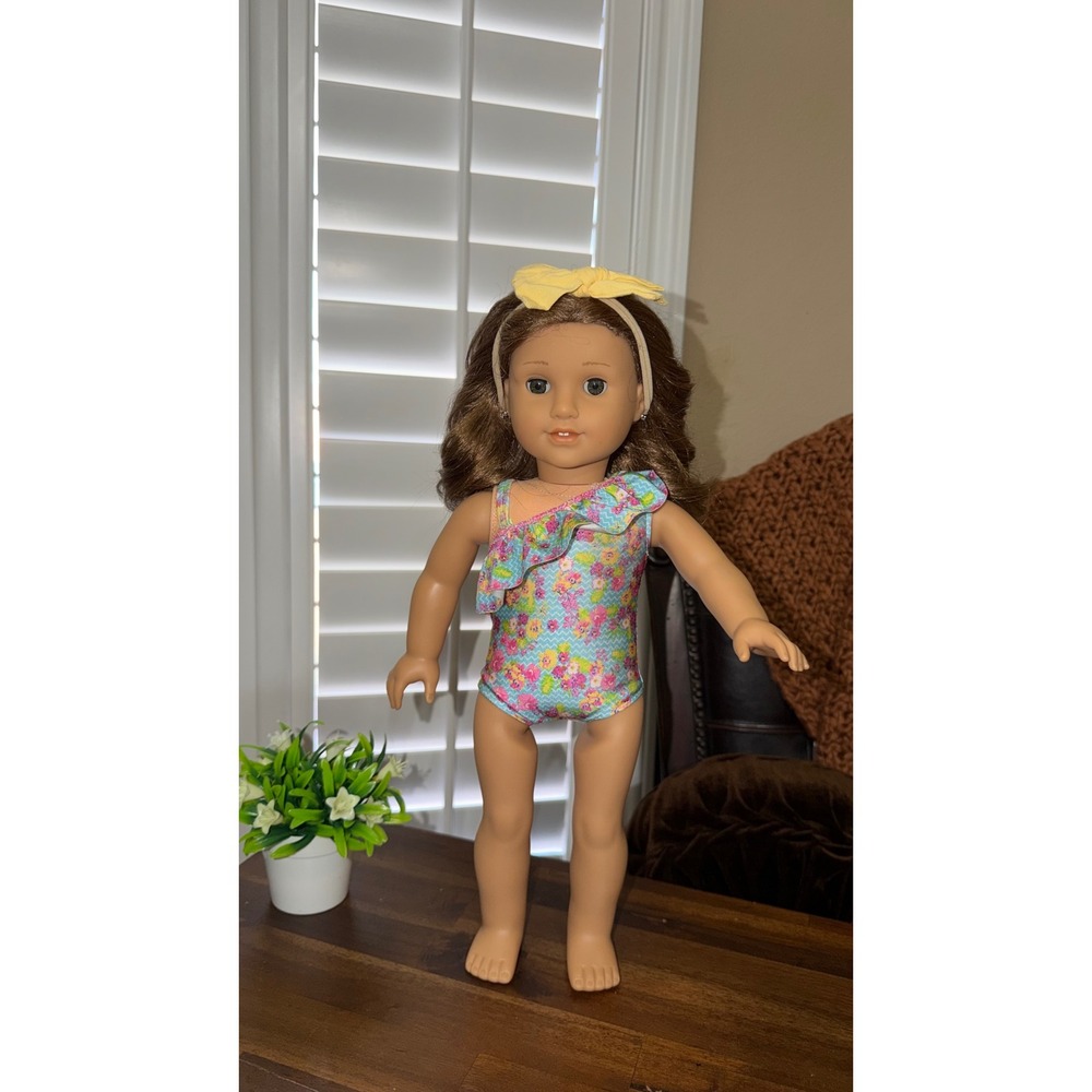 American Girl Doll Rebecca Brown Wavy Hair Green Eyes Floral Swimsuit Pierced